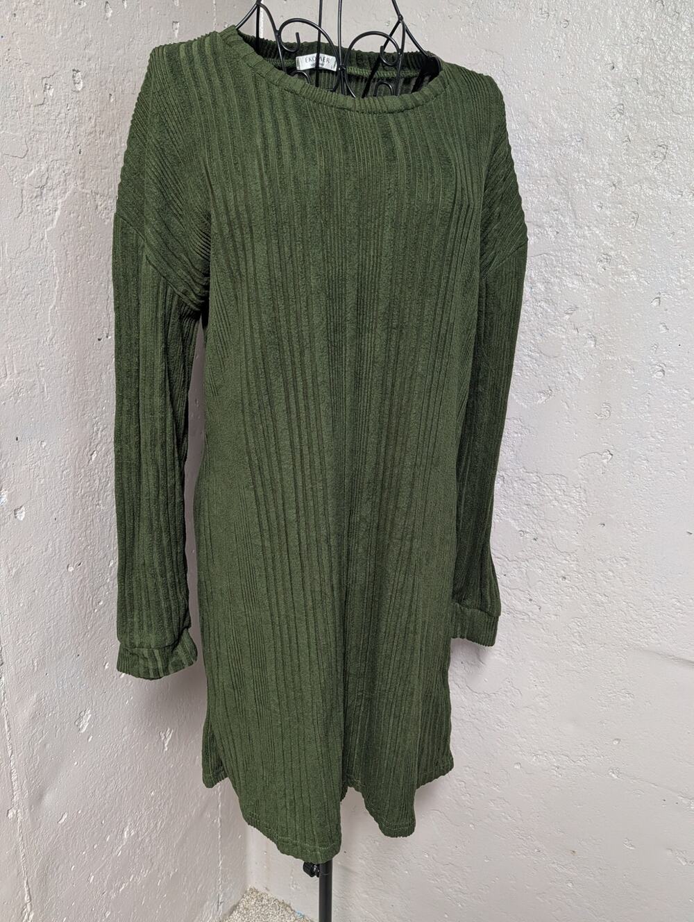 Ekouaer Olive Green Soft Ribbed Knit Cozy Long Sleeve Sweater Dress